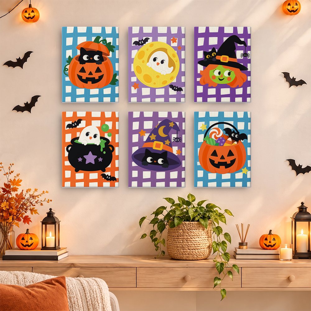 Gingham Halloween mini paintings displayed as a gallery wall in a sunny kitchen