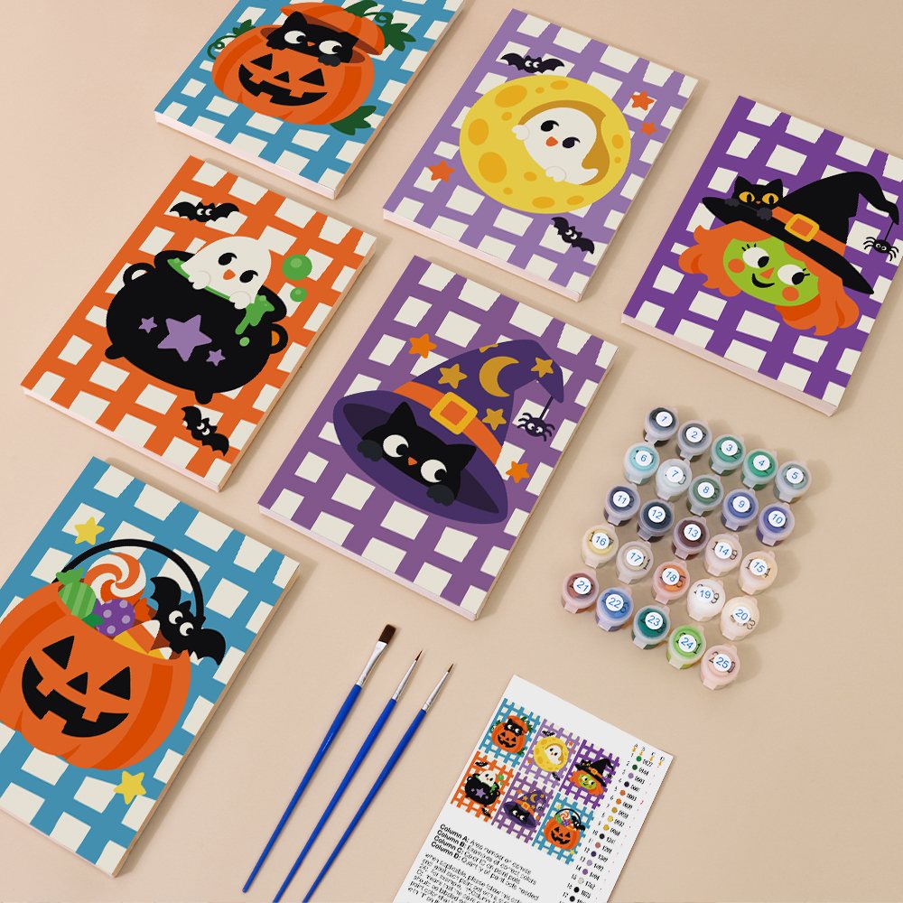Gingham Halloween mini paint by numbers kit with six numbered canvases, acrylic paints, brushes and layout