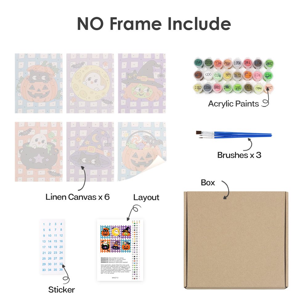 What's included without a frame: six rolled Gingham Halloween mini canvases, acrylic paints, three brushes and layout