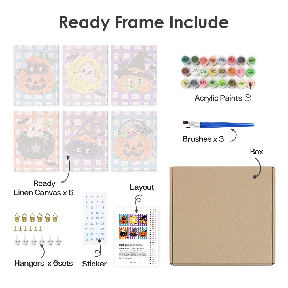 What's included pre-stretched on frame: six framed Gingham Halloween mini canvases, paints, three brushes, hangers and layout