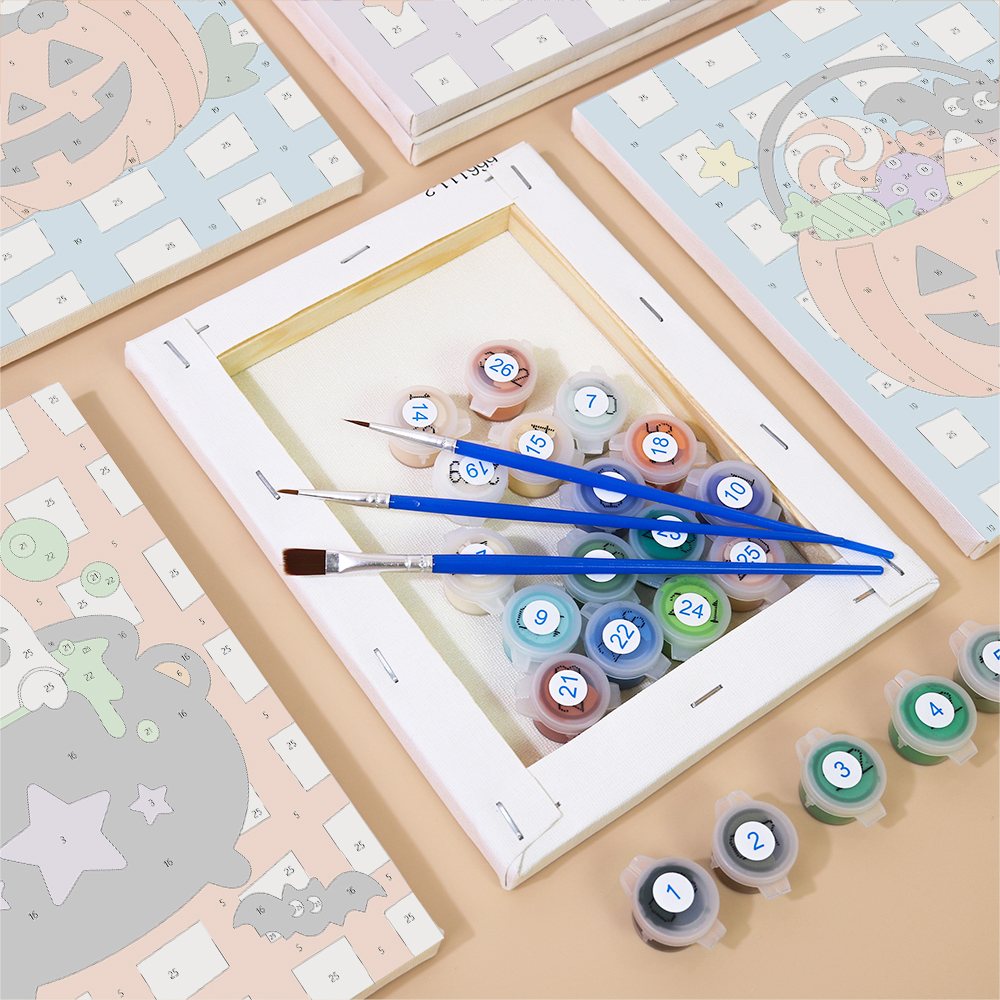Numbered paint pots and brushes on a pre-stretched Gingham Halloween mini canvas