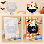 Before and after of a Gingham Halloween mini paint by numbers canvas