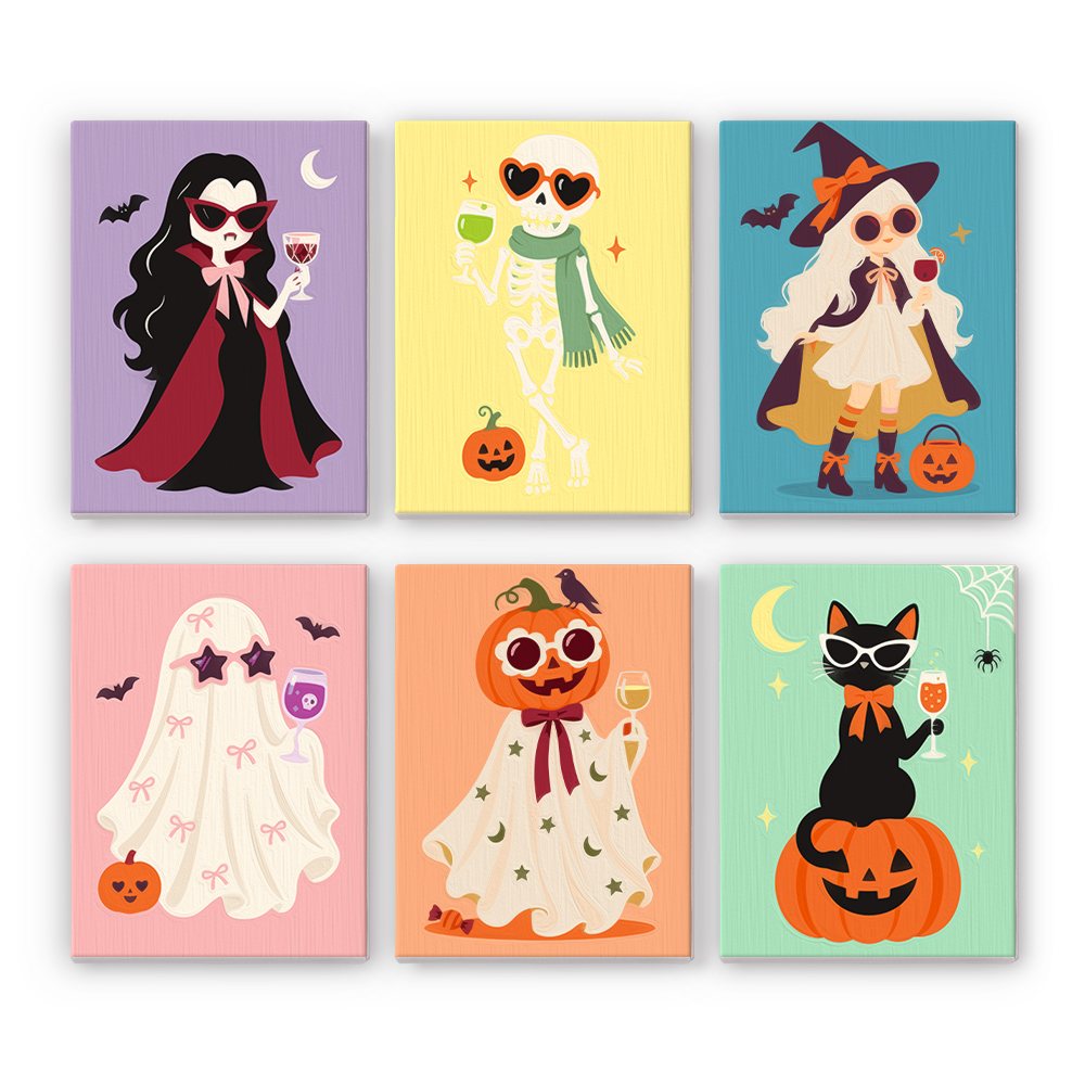 Glam Ghouls mini paint by numbers set: six glamorous Halloween characters in sunglasses on pastel backgrounds, including a vampire, skeleton, witch, ghost, pumpkin and black cat
