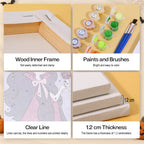 What's included without a frame: six rolled Glam Ghouls mini canvases, acrylic paints, three brushes and layout