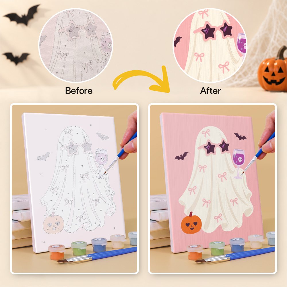 What's included pre-stretched on frame: six framed Glam Ghouls mini canvases, paints, three brushes, hangers and layout