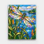 Glass Dragonfly paint by numbers kit of a large stained-glass dragonfly over reeds, cattails and blue water