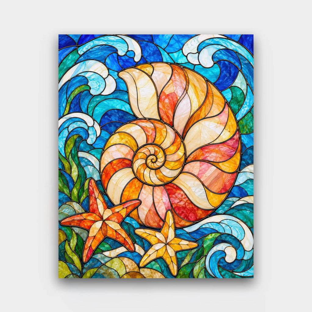 Glass Nautilus paint by numbers kit of a spiral seashell with starfish and swirling waves in stained-glass style