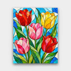 Glass Tulip Garden paint by numbers kit of red, pink and yellow tulips in stained glass with dark leading