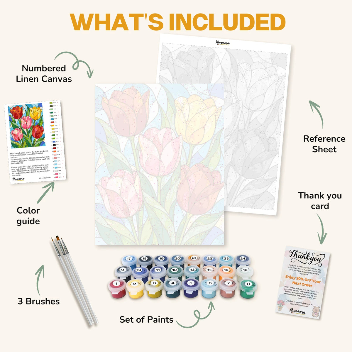 What's included in the Glass Tulip Garden paint by numbers kit: numbered linen canvas, reference sheet, color guide, 24 acrylic paints, 3 brushes and thank you card