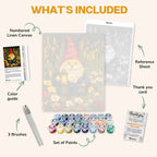 What's included in the Glimmering Gnome paint by numbers kit: numbered linen canvas, reference sheet, color guide, 24 acrylic paints, 3 brushes and thank you card