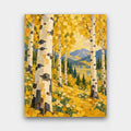 Golden Aspen Grove paint by numbers kit of white aspen trunks with golden leaves beside a mountain lake in autumn