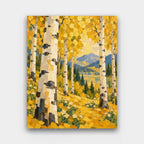 Golden Aspen Grove paint by numbers kit of white aspen trunks with golden leaves beside a mountain lake in autumn
