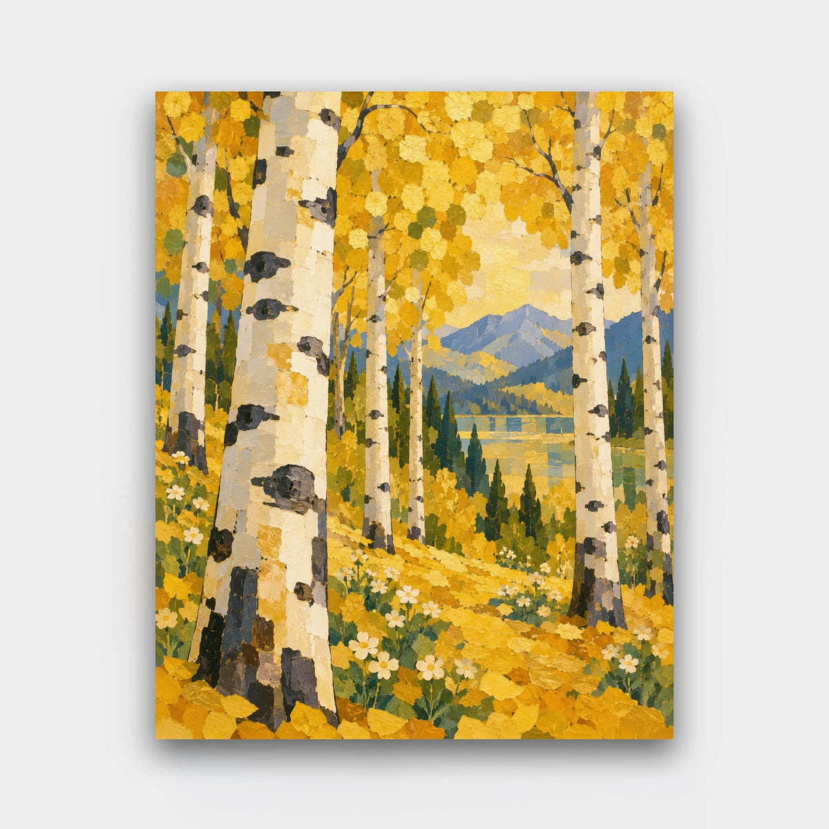 Golden Aspen Grove paint by numbers kit of white aspen trunks with golden leaves beside a mountain lake in autumn