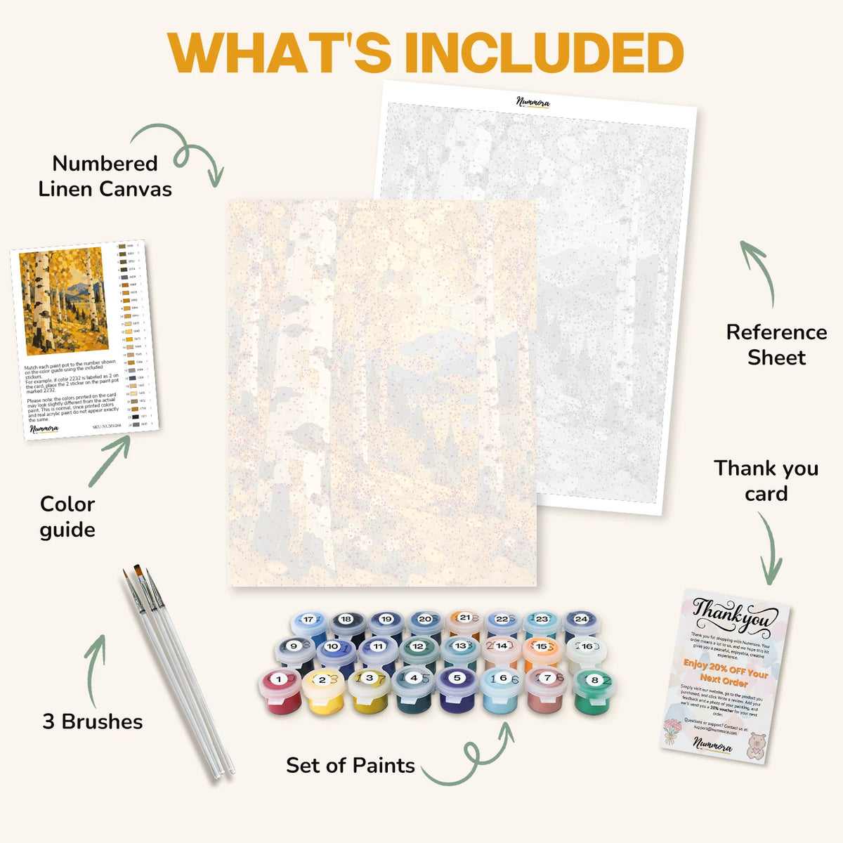 What's included in the Golden Aspen Grove paint by numbers kit: numbered linen canvas, reference sheet, color guide, 24 acrylic paints, 3 brushes and thank you card