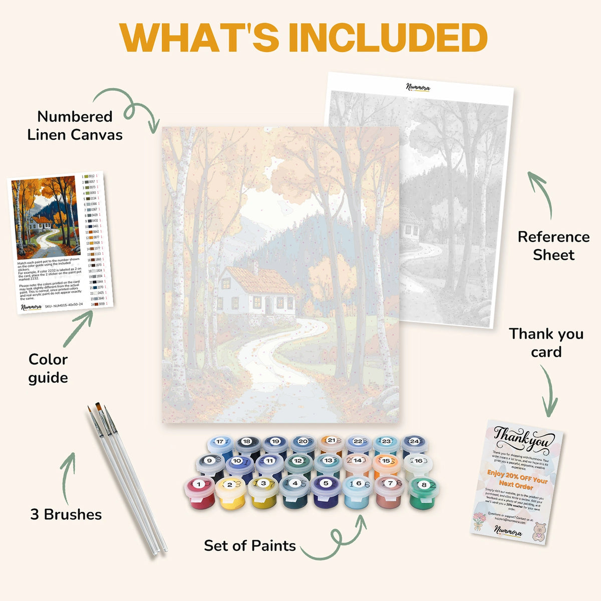What's included in the Golden Autumn paint by numbers kit: numbered linen canvas, reference sheet, color guide, 24 acrylic paints, 3 brushes and thank you card