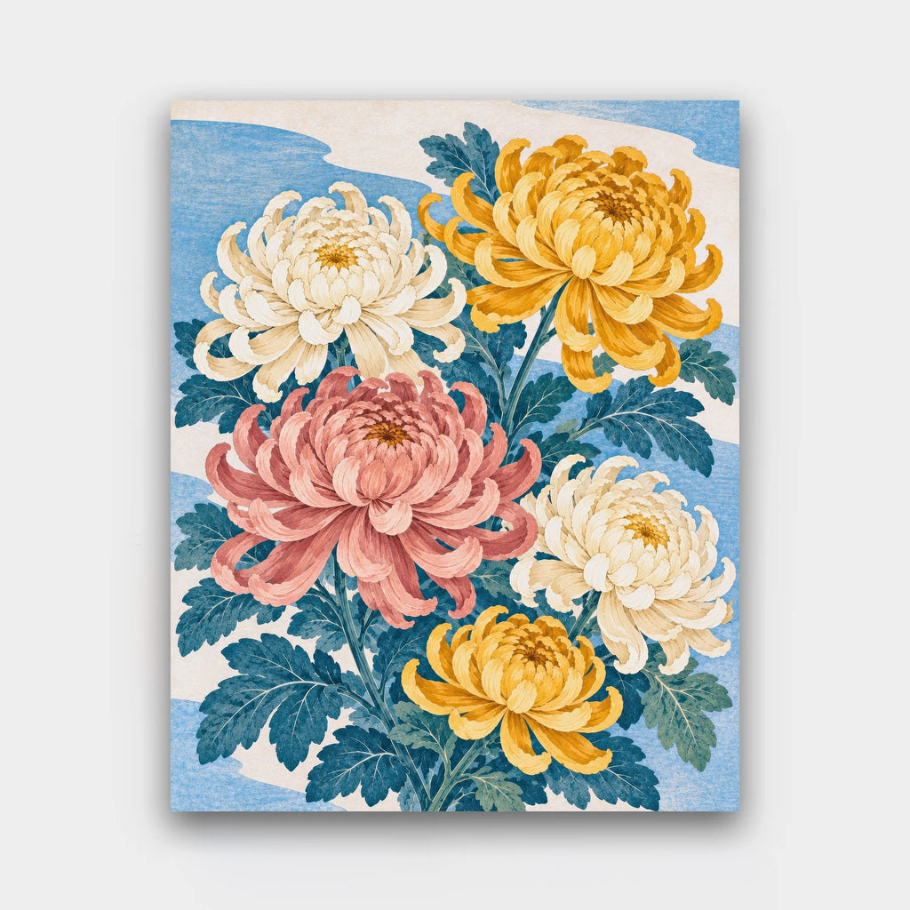 Golden Chrysanthemums paint by numbers kit of gold, pink and cream chrysanthemums with blue-green leaves in Japanese woodblock style