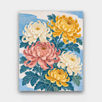 Golden Chrysanthemums paint by numbers kit of gold, pink and cream chrysanthemums with blue-green leaves in Japanese woodblock style