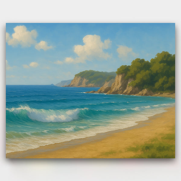 Painting of a beach scene with blue ocean, white waves, and green cliffs.