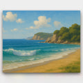 Golden Coastline paint by numbers kit of a beach with golden sand, turquoise waves and green cliffs