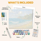 What's included in the Golden Coastline paint by numbers kit: numbered linen canvas, reference sheet, color guide, 24 acrylic paints, 3 brushes and thank you card