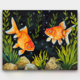 Painting of two goldfish in an underwater scene with plants and bubbles.