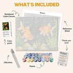 What's included in the Golden Duo paint by numbers kit: numbered linen canvas, reference sheet, color guide, 24 acrylic paints, 3 brushes and thank you card