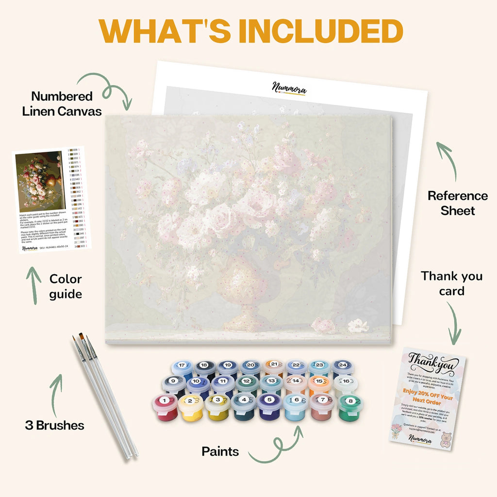What's included in the Golden Elegance of Nature paint by numbers kit: numbered linen canvas, reference sheet, color guide, 24 acrylic paints, 3 brushes and thank you card