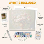 What's included in the Golden Elegance of Nature paint by numbers kit: numbered linen canvas, reference sheet, color guide, 24 acrylic paints, 3 brushes and thank you card