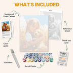 What's included in the Golden Friendship paint by numbers kit: numbered linen canvas, reference sheet, color guide, 24 acrylic paints, 3 brushes and thank you card