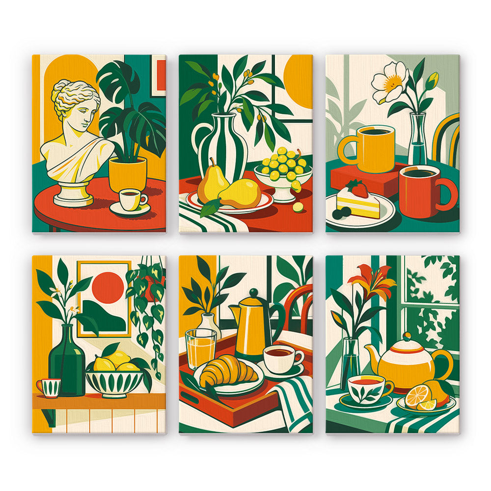 Golden Hour Tables mini paint by numbers set: six sunny still lifes with a bust, pears, coffee, cake, croissants and a teapot
