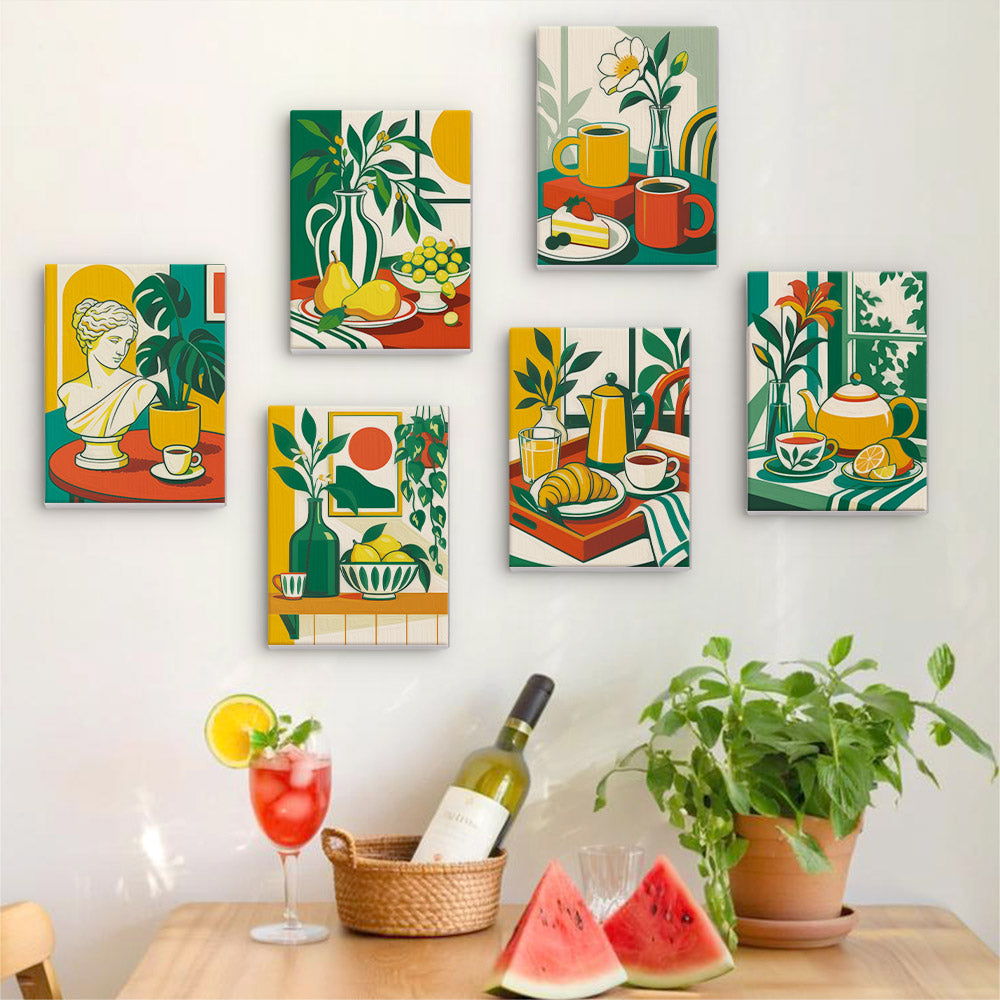 Six finished Golden Hour Tables mini paintings hung on a wall above a table