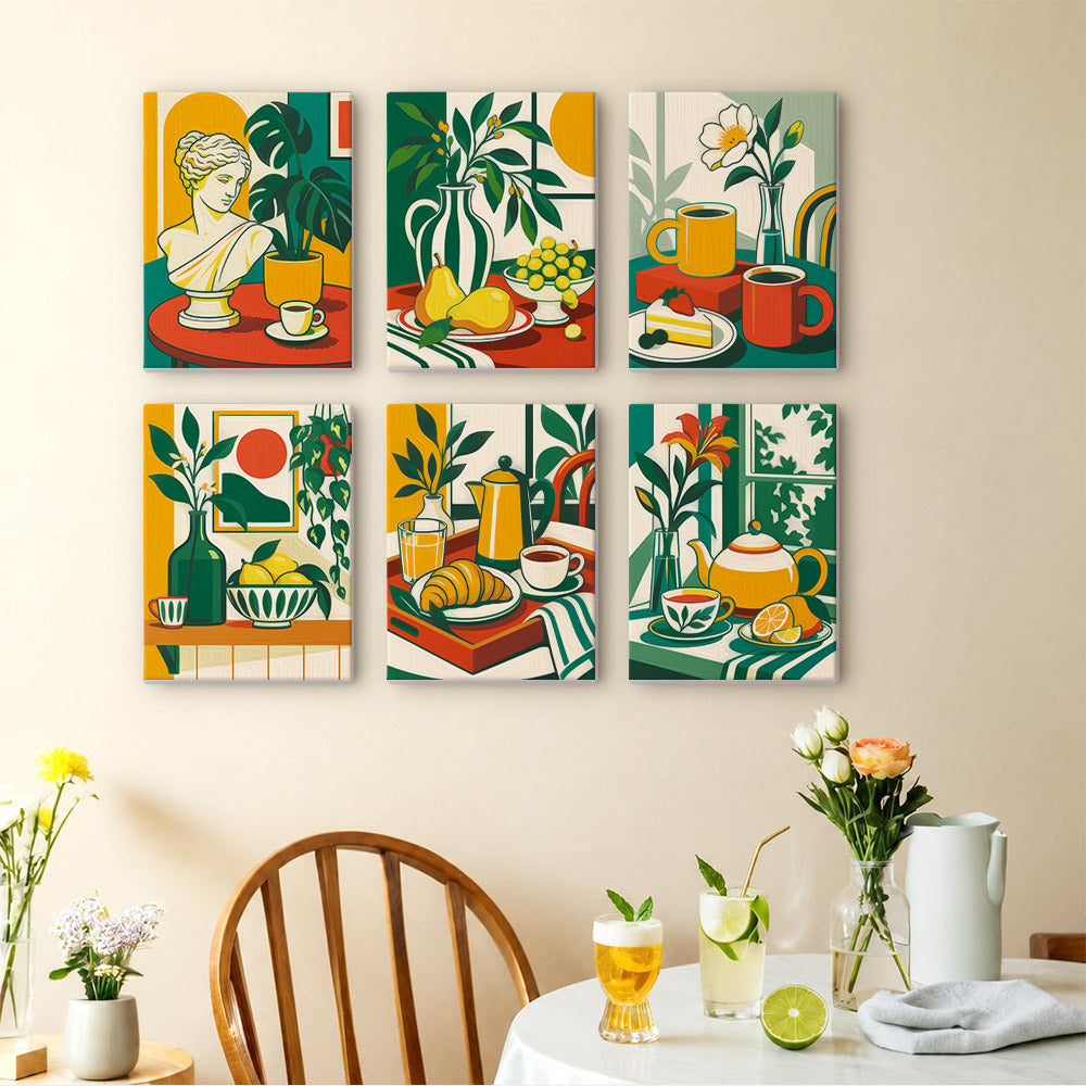 Golden Hour Tables mini paintings displayed as a gallery wall in a sunny kitchen
