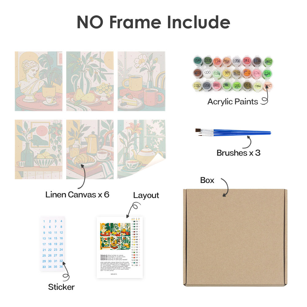 What's included without a frame: six rolled Golden Hour Tables mini canvases, acrylic paints, three brushes and layout