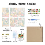 What's included pre-stretched on frame: six framed Golden Hour Tables mini canvases, paints, three brushes, hangers and layout