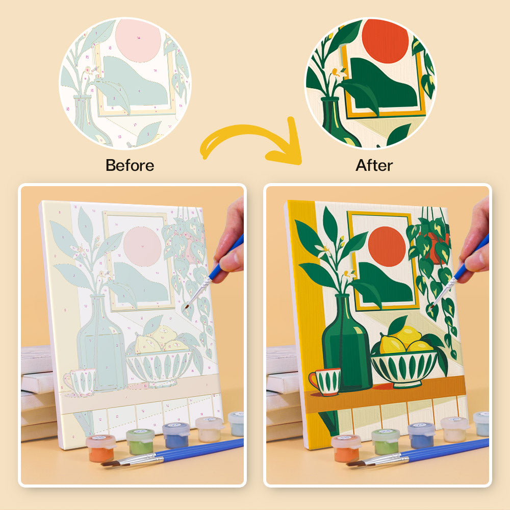 Before and after of a Golden Hour Tables mini paint by numbers canvas