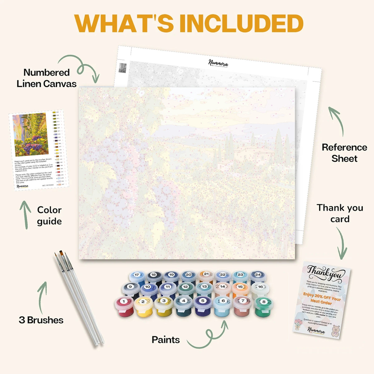 What's included in the Golden Hour Vineyard paint by numbers kit: numbered linen canvas, reference sheet, color guide, 24 acrylic paints, 3 brushes and thank you card