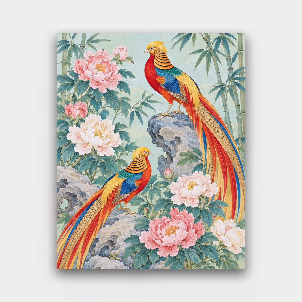 Golden Pheasants paint by numbers kit of two golden pheasants among peonies, bamboo and rocks on a pale celadon background