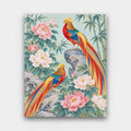 Golden Pheasants paint by numbers kit of two golden pheasants among peonies, bamboo and rocks on a pale celadon background