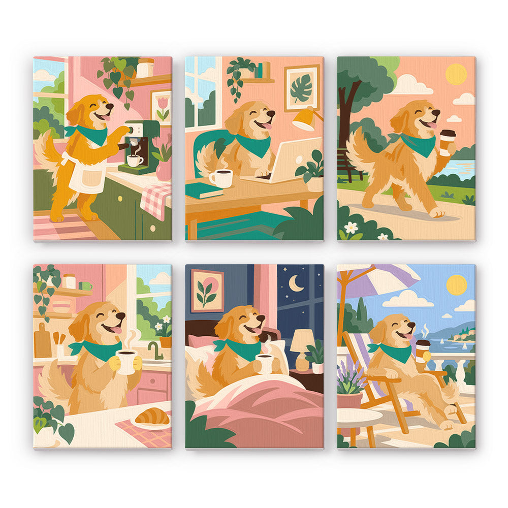 Golden Retriever Days mini paint by numbers set: six designs of a golden retriever making coffee, working, walking and relaxing