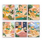Golden Retriever Days mini paint by numbers set: six designs of a golden retriever making coffee, working, walking and relaxing
