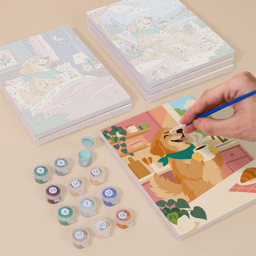 Painting one of the Golden Retriever Days designs next to a stack of mini canvases