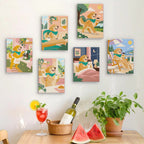 Six finished Golden Retriever Days mini paintings hung on a wall above a table