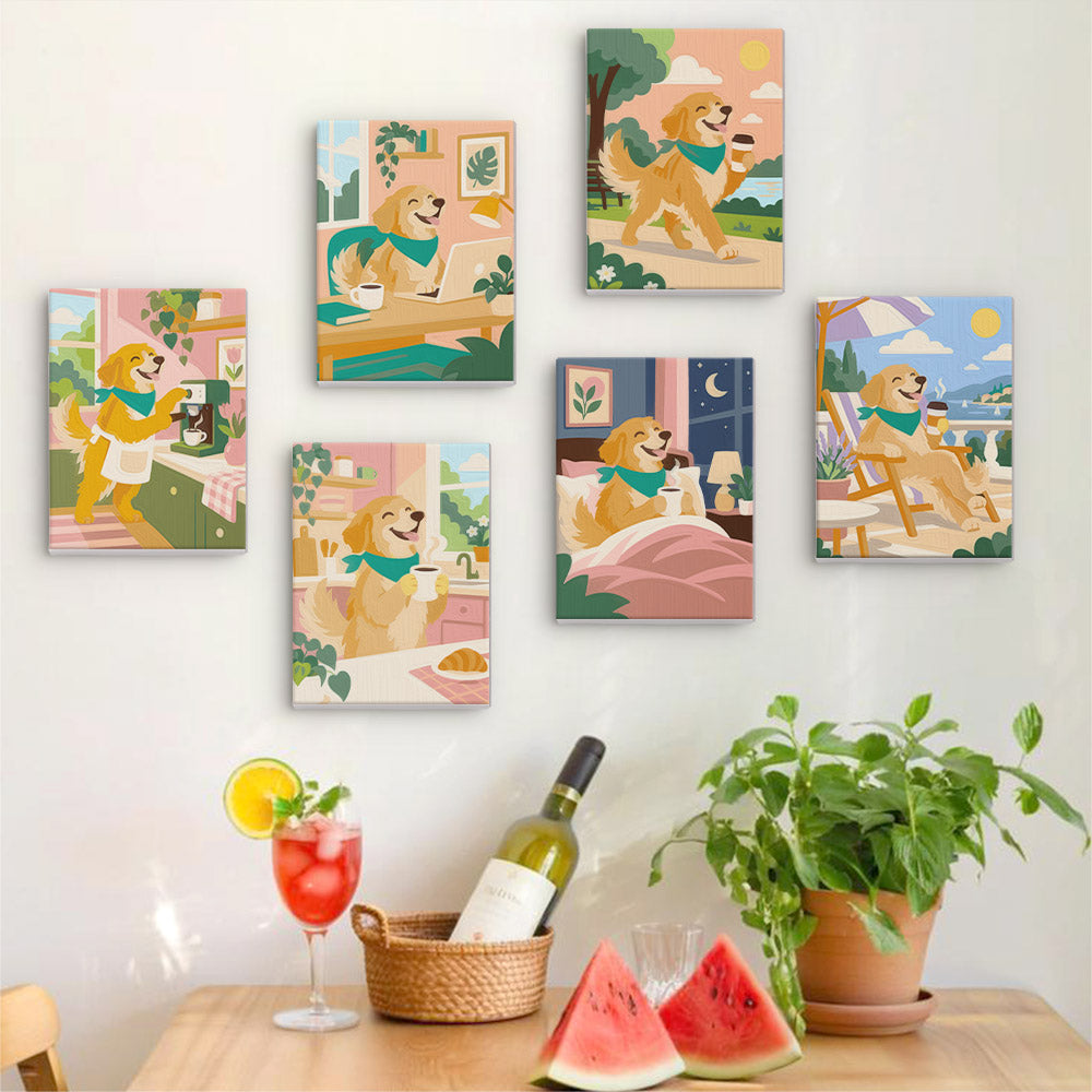 Six finished Golden Retriever Days mini paintings hung on a wall above a table