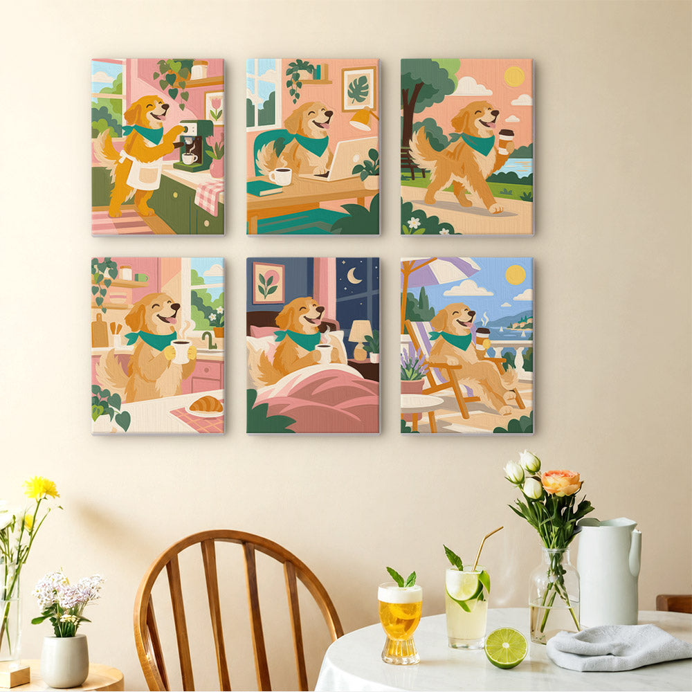 Golden Retriever Days mini paintings displayed as a gallery wall in a sunny kitchen
