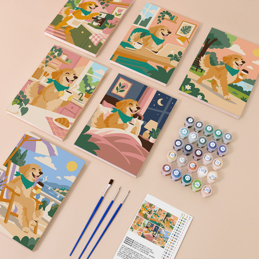 Golden Retriever Days mini paint by numbers kit with six numbered canvases, acrylic paints, brushes and layout