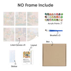What's included without a frame: six rolled Golden Retriever Days mini canvases, acrylic paints, three brushes and layout