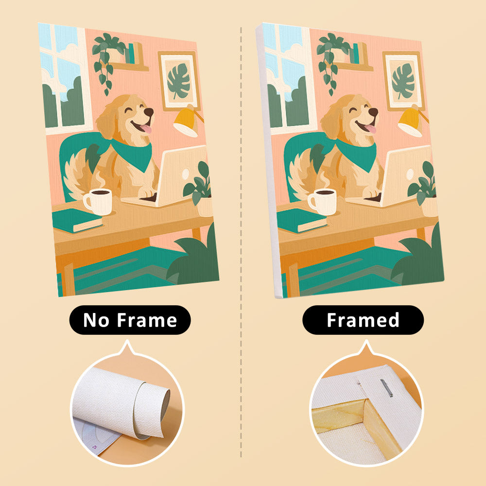 Golden Retriever Days mini canvas shown rolled without a frame and pre-stretched on a frame