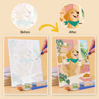 Before and after of a Golden Retriever Days mini paint by numbers canvas