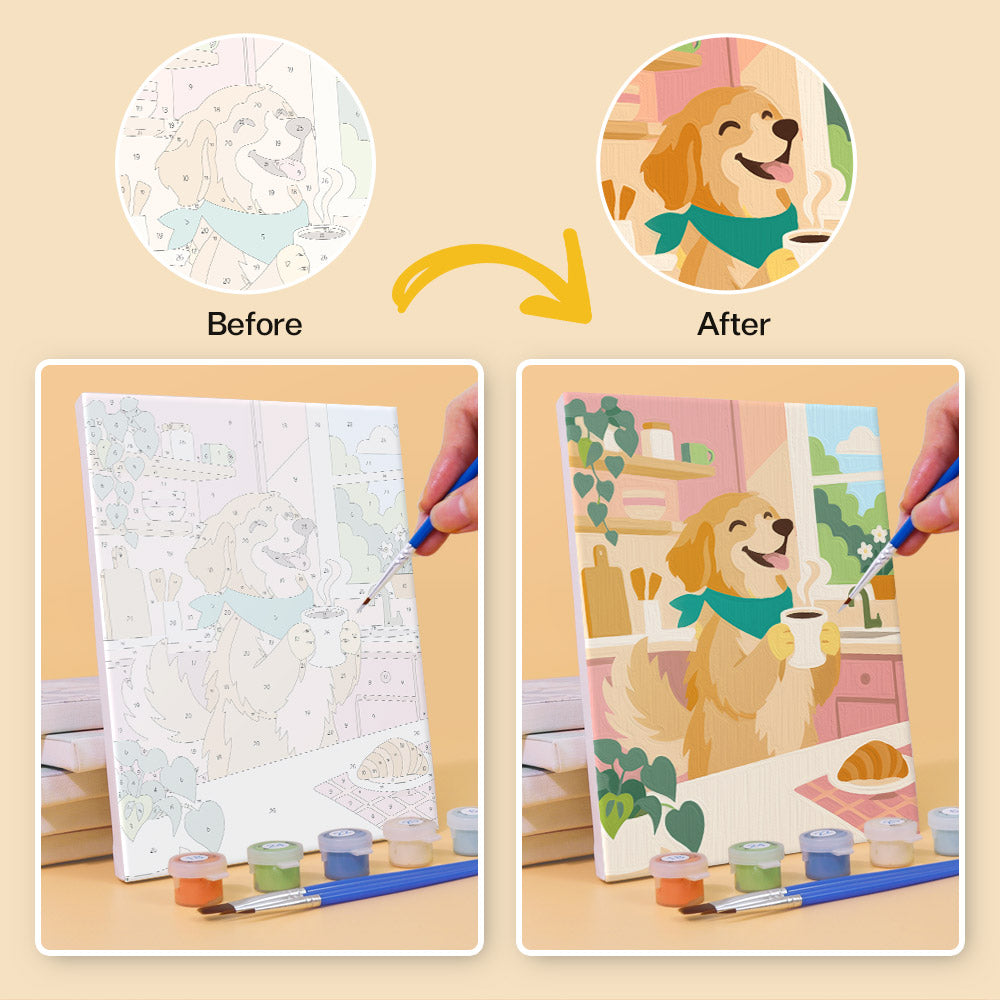 Before and after of a Golden Retriever Days mini paint by numbers canvas