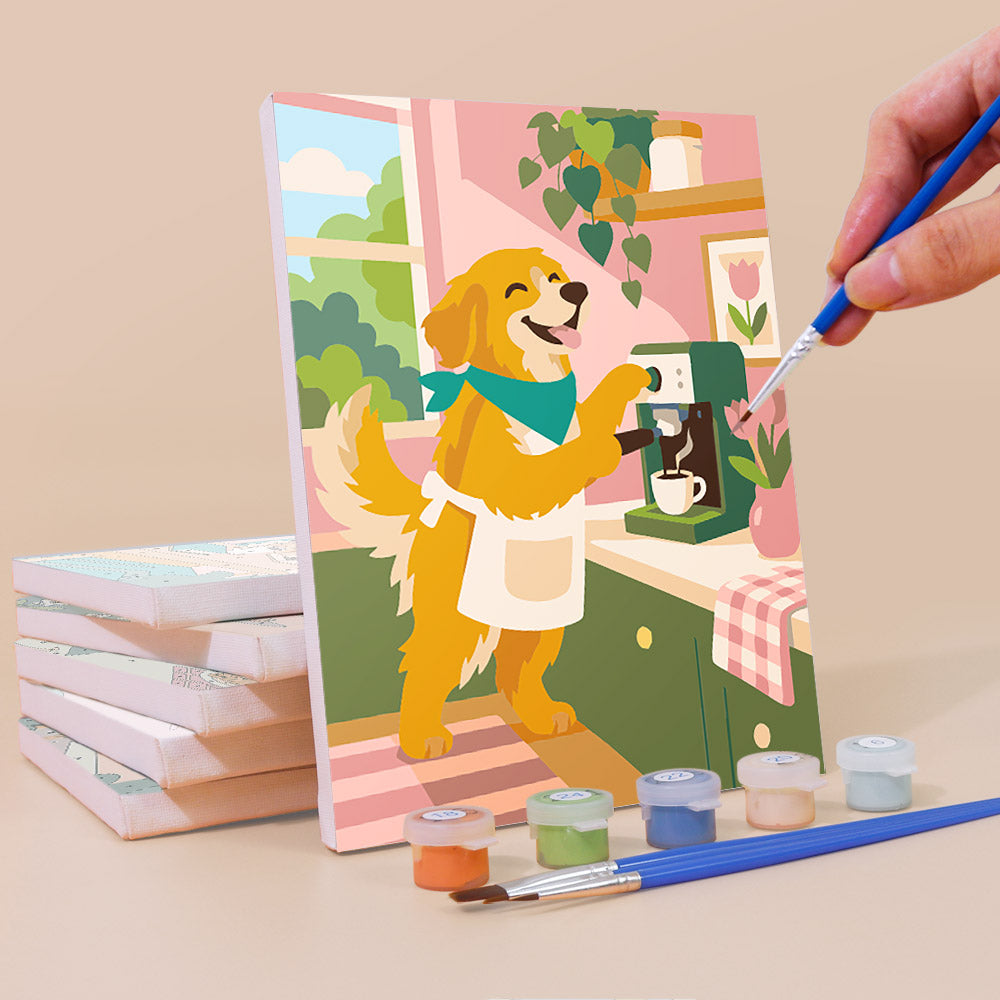 Painting a Golden Retriever Days mini canvas propped up beside numbered acrylic paints